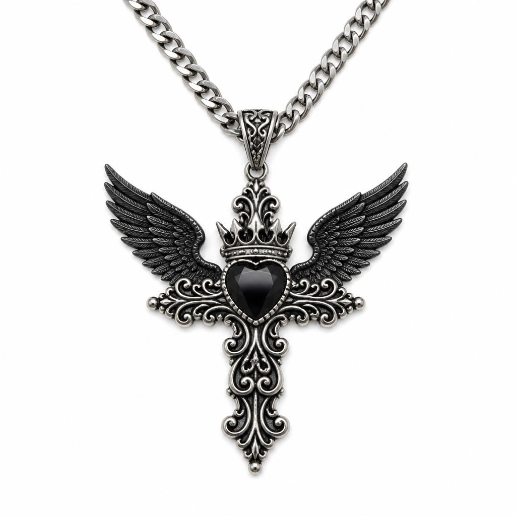 Gothic Wings and Cross Pendant Punk Choker Necklace, Heart Shaped Faux Zirconia
