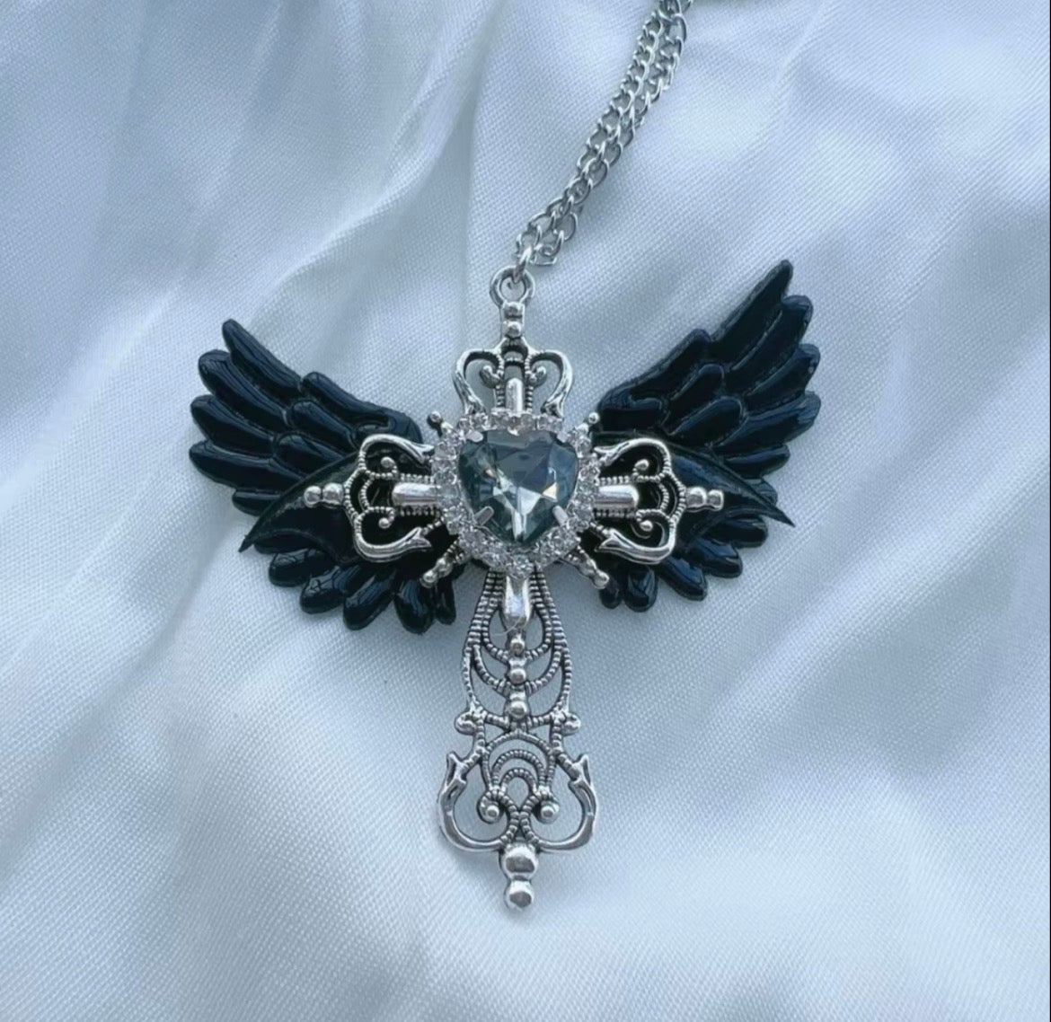 Gothic Wings and Cross Pendant Punk Choker Necklace, Heart Shaped Faux Zirconia