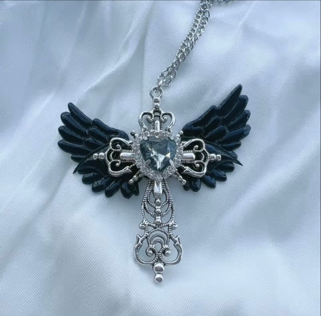 Gothic Wings and Cross Pendant Punk Choker Necklace, Heart Shaped Faux Zirconia