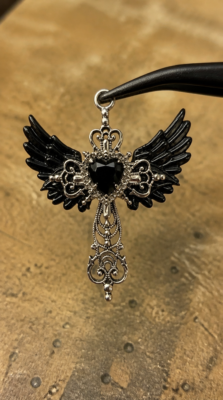 Gothic Wings and Cross Pendant Punk Choker Necklace, Heart Shaped Faux Zirconia