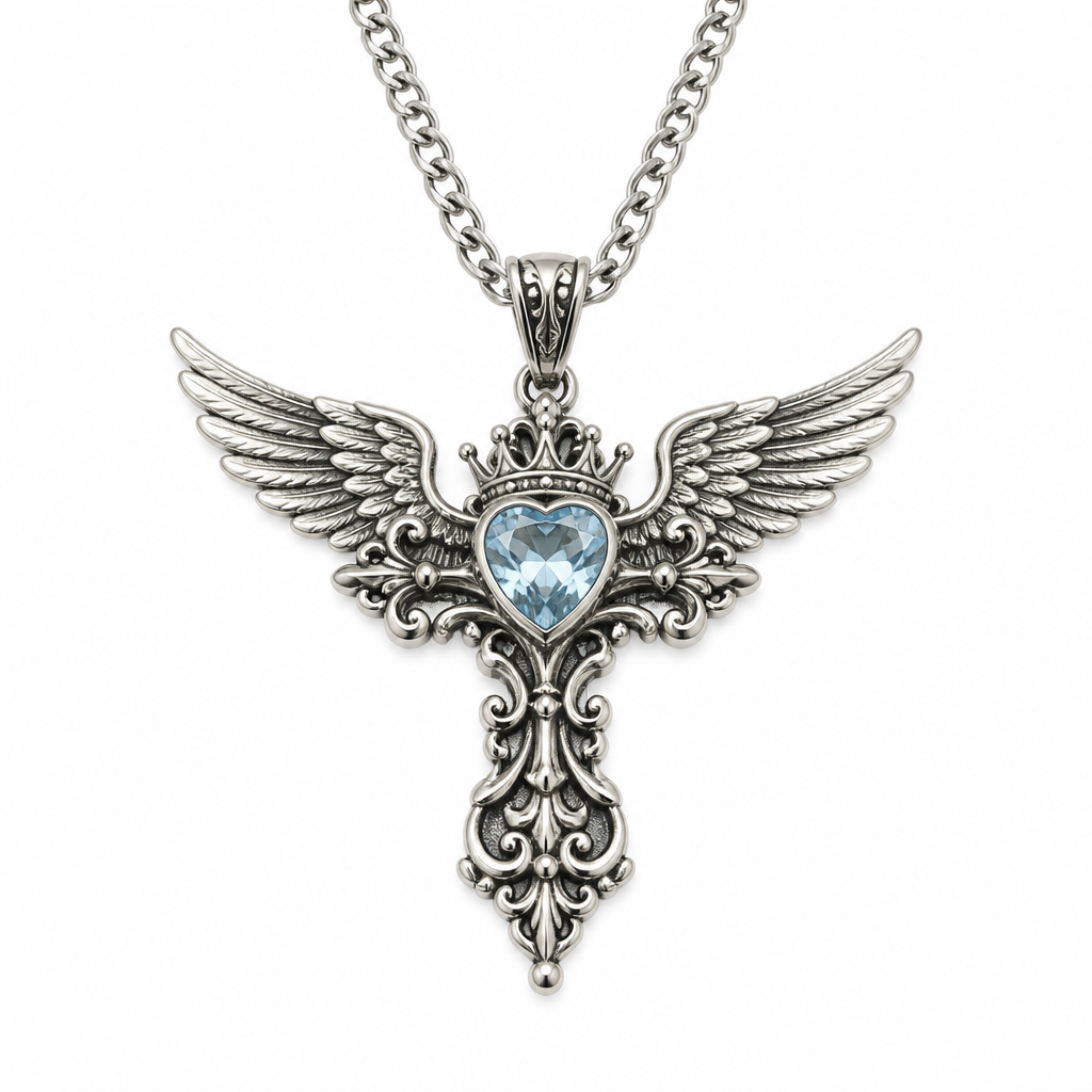 Gothic Wings and Cross Pendant Punk Choker Necklace, Heart Shaped Faux Zirconia