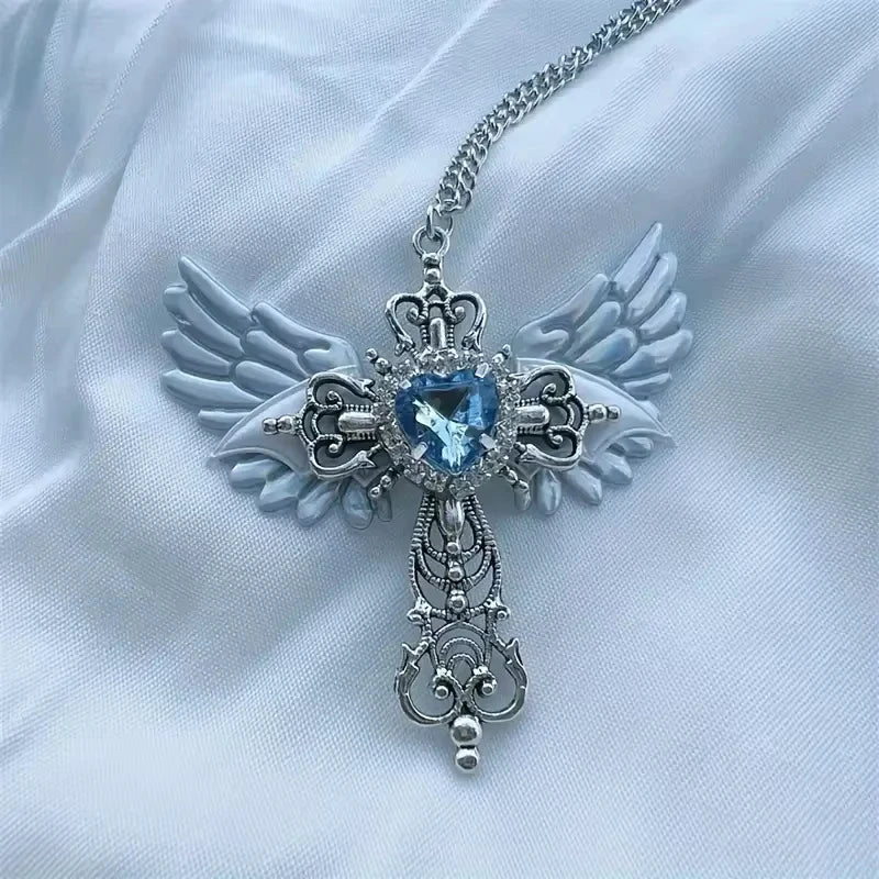 Gothic Wings and Cross Pendant Punk Choker Necklace, Heart Shaped Faux Zirconia