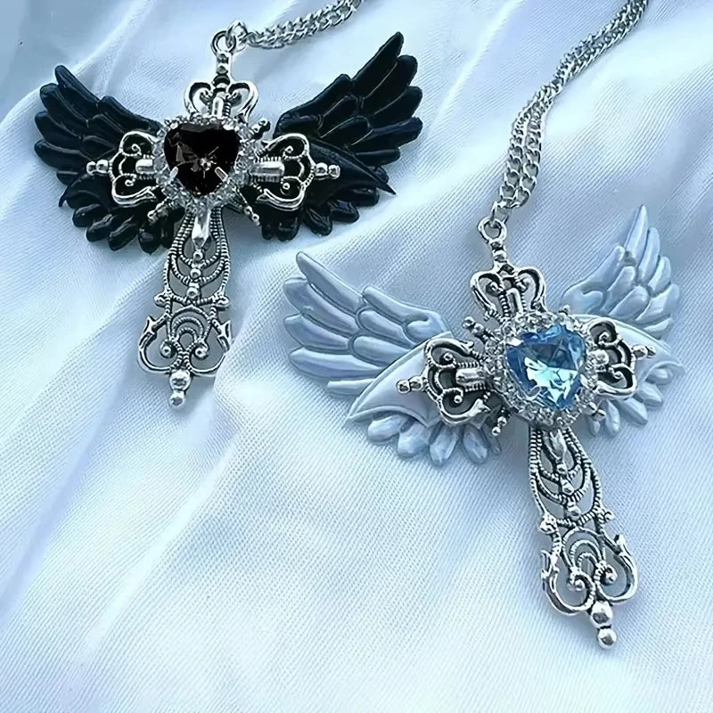 Gothic Wings and Cross Pendant Punk Choker Necklace, Heart Shaped Faux Zirconia