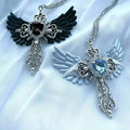 Gothic Wings and Cross Pendant Punk Choker Necklace, Heart Shaped Faux Zirconia
