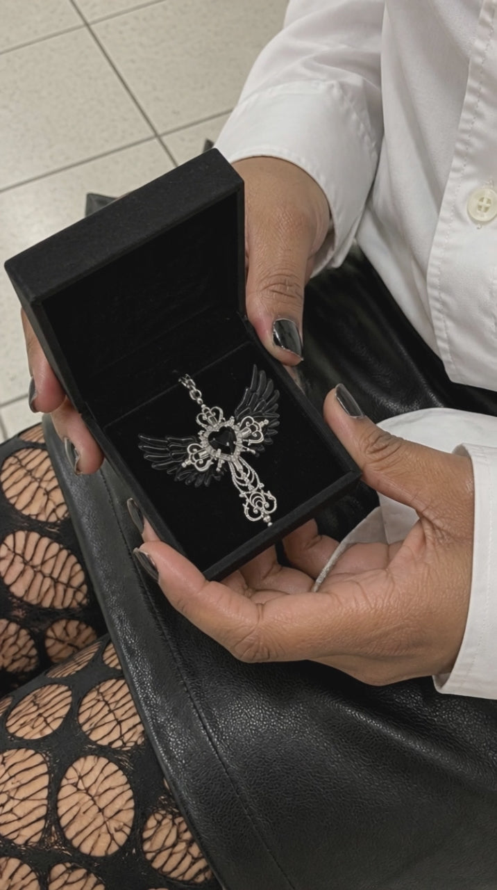 Gothic Wings and Cross Pendant Punk Choker Necklace, Heart Shaped Faux Zirconia