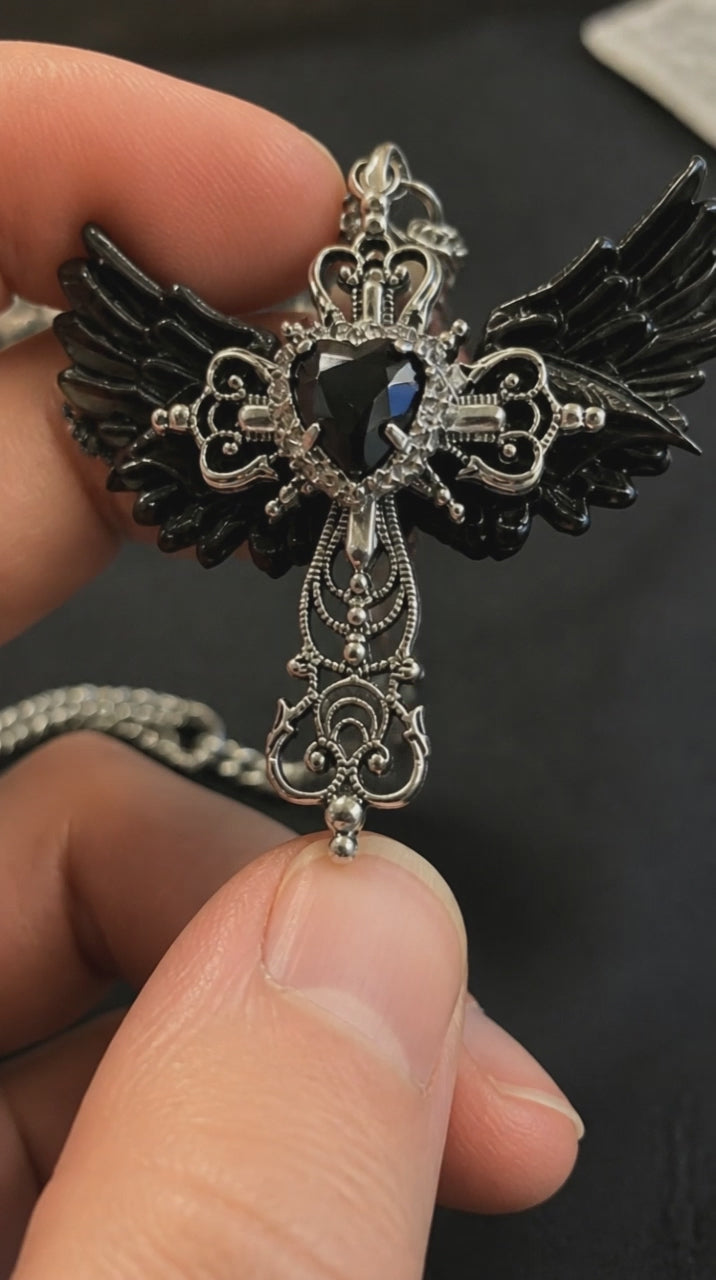 Gothic Wings and Cross Pendant Punk Choker Necklace, Heart Shaped Faux Zirconia